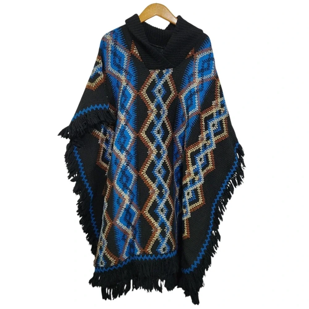 JFR Textiles Poncho One Size Black Blue Brown Aztec Southwestern Fringe Diamond